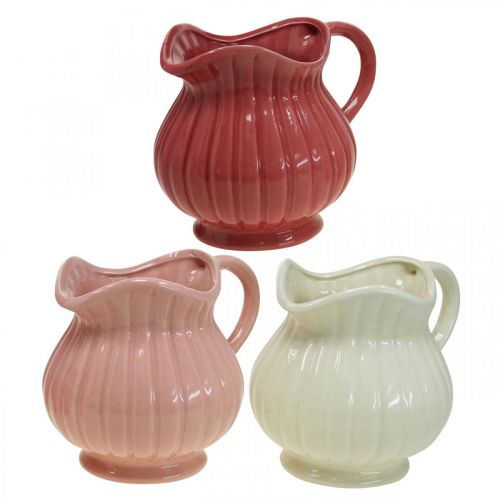 Dekoratyvinė vaza, ąsotis su rankena keramika balta, rožinė, raudona H14,5cm 3vnt.