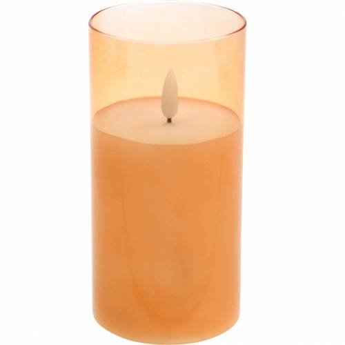 LED žvakė stiklinėje tikro vaško oranžinės spalvos Ø7,5cm H10cm