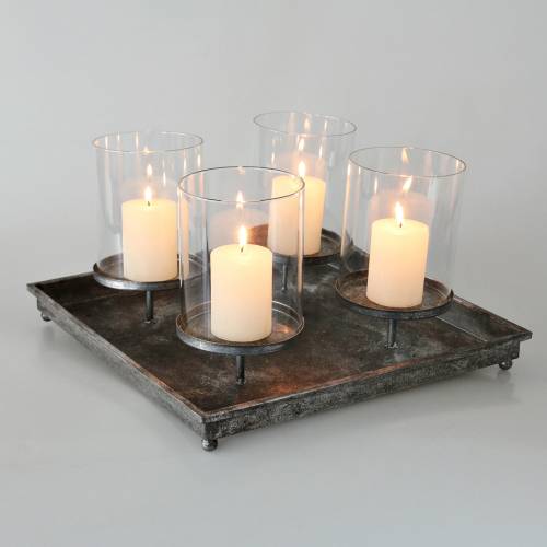 Floristik24 Advento padėklas su 4 žvakidėmis 40 × 40 cm antikvarinės išvaizdos metalas / stiklas sidabras