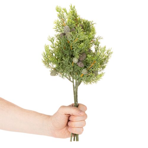 Dirbtinė spygliuočio šaka su kankorėžiais kaip dirbtinė stalo puošmena, 39 cm, 4 vnt. | Floristik24.lt
