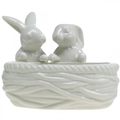daiktų Triušiai su lizdu, stalo puošmena, velykinis lizdas, porcelianinė dekoracija, dekoratyvinis dubuo baltas L15cm H11cm