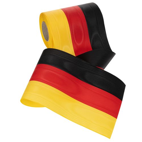 daiktų Muaro rašto vainikų juostelės, 150 mm, juodos-raudonos-auksinės spalvos, su prancūziško muaro efektu, 25 m ritinėlis, dekoravimui ir laidotuvių apeigoms
