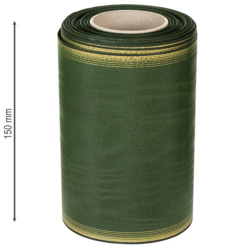 daiktų Muaro vainiko juostelė, 150 mm, tamsiai žalia su auksiniu perlų kraštu, taftos pynimas, 25 m ritinėlis dekoravimui ir dizainui