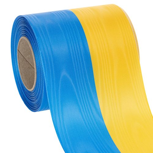 daiktų Mėlyna ir geltona muaro vainiko juostelė, 100 mm, tautinė juostelė, klubo juostelė, dekoratyvinė juostelė, šventinė gedulo juostelė, acetatas