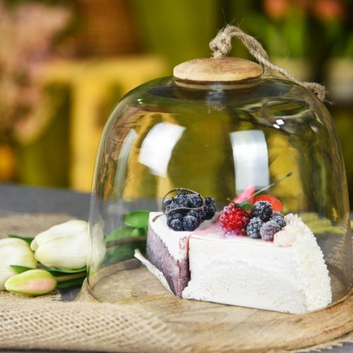 Floristik24 Stiklinis varpas su medine lėkšte, torto varpas su džiuto rankena H19cm Ø22,5cm