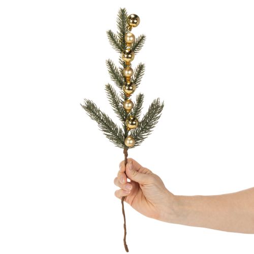 Dirbtinė eglės šakelė su aukso spalvos mini eglutės žaisliukais, 46 cm, 2 vnt. | Floristik24.lt
