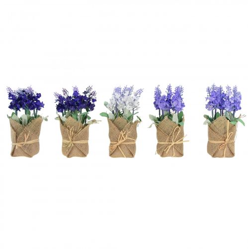 Dirbtinės levandos levandos dirbtinės gėlės džiuto maišelyje balta/violetinė/mėlyna 17cm 5vnt