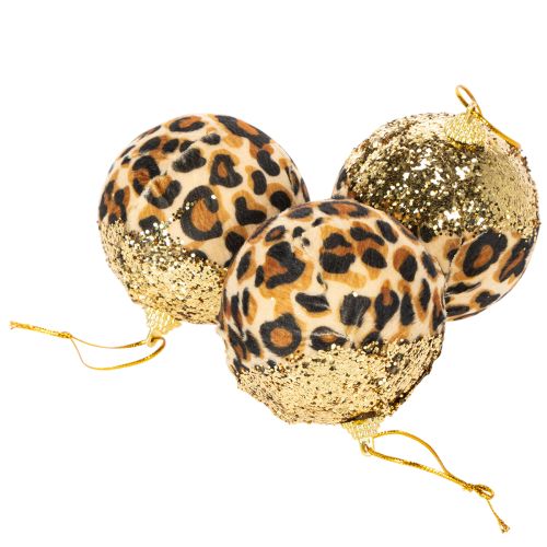 Kalėdiniai žaisliukai leopardo raštu su auksiniais blizgučiais 7cm 3vnt. | Floristik24.lt
