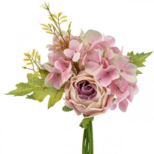 Dirbtinė puokštė, hortenzijų puokštė su rožėmis rožinė 32cm