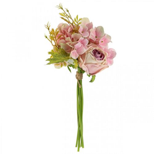 Floristik24 Dirbtinė puokštė, hortenzijų puokštė su rožėmis rožinė 32cm
