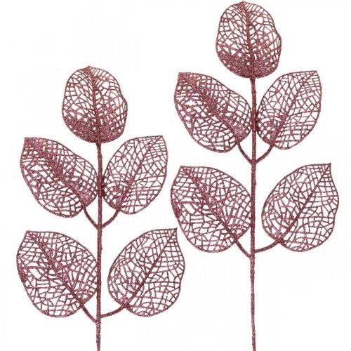 Floristik24 Dirbtiniai augalai, deko lapai, dirbtinė šakelė rožiniai blizgučiai L36cm 10v