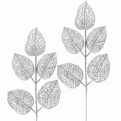 Dirbtiniai augalai, šakų apdaila, deko lapų sidabro blizgučiai L36cm 10v