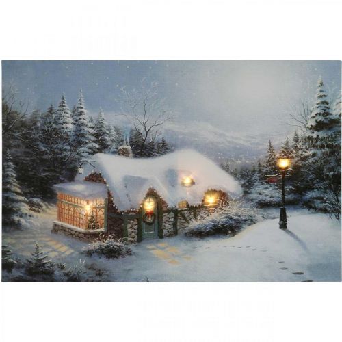daiktų LED paveikslėlis Kalėdinis žiemos peizažas su namo LED sienele 58x38cm