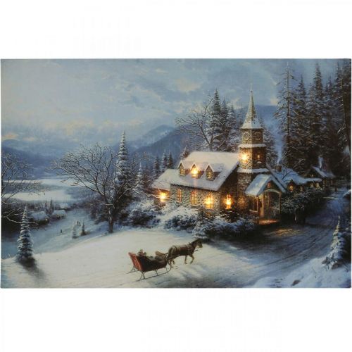 daiktų LED paveikslėlis Kalėdinis žiemos peizažas su bažnyčios LED freska 58x38cm