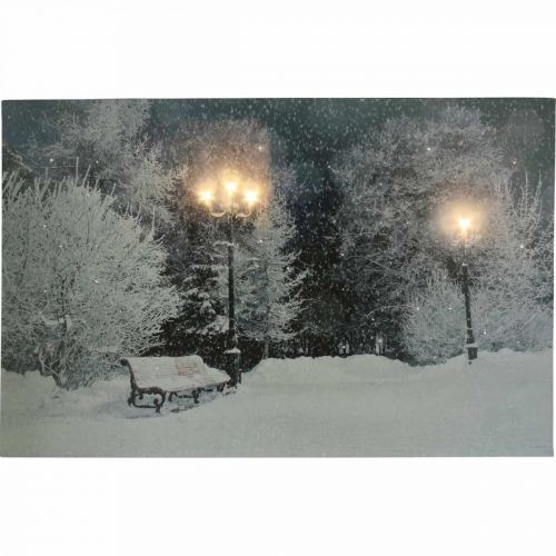 daiktų LED paveikslėlis Kalėdinis žiemos peizažas su parko suoliuku LED freska 58x38cm