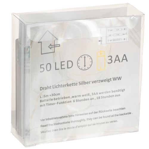 daiktų LED girlianda, 50 lempučių, maitinama baterijomis, 5 m, šiltai balta
