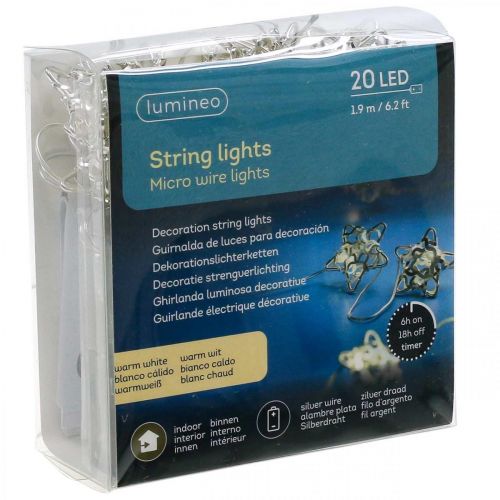 daiktų LED šviesos grandinės žvaigždės mikro LED laikmatis viduje sidabrinė 1,90m