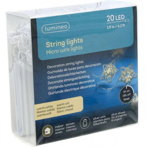daiktų LED šviesos grandinės žvaigždės mikro LED laikmatis viduje baltas 1,90m