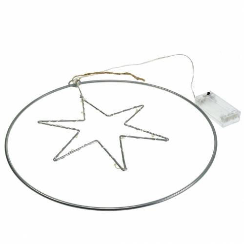 Floristik24 LED žvaigždė dekoratyviniame žiede pakabinama iš sidabrinio metalo Ø30cm