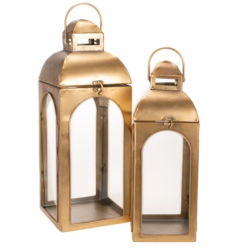 Žibintas metalinis, stiklinis, žalvario imitacijos, aukštis 50 cm, 2 vnt. rinkinys pirkti | Floristik24.lt