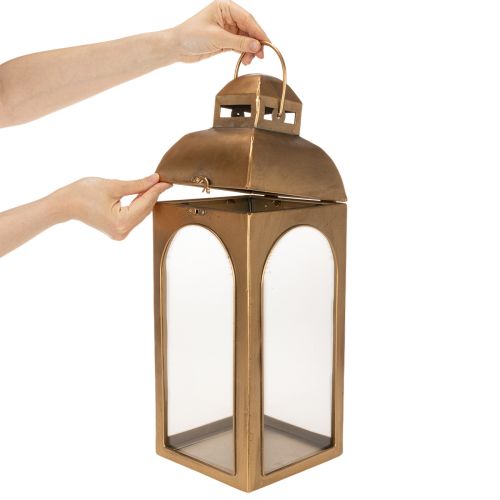 Žibintas metalinis, stiklinis, žalvario imitacijos, aukštis 50 cm, 2 vnt. rinkinys | Floristik24.lt