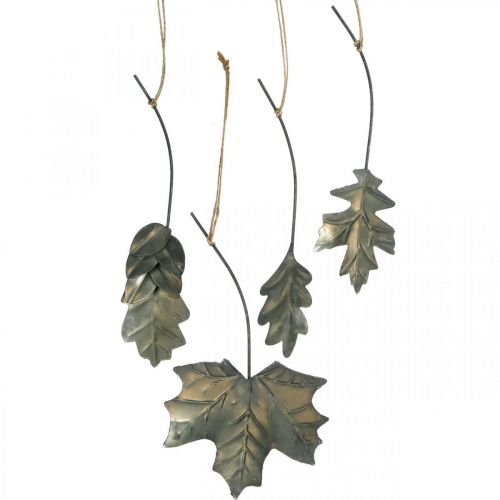 Floristik24 Lapai metaliniai pakabinti senoviniai pilki rudens lapai 7,5-10cm 4vnt