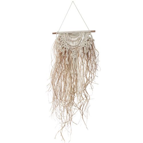 Macrame sienų apdaila boho kreminė natūrali rafijos mediena 38x100cm