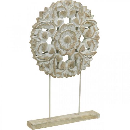 Gėlių mandala, medinė dekoracija į vietą, vasaros dekoracija, stalo puošmena shabby chic natural, balta H54.5cm Ø34cm