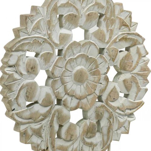 daiktų Gėlių mandala, medinė dekoracija į vietą, vasaros dekoracija, stalo puošmena shabby chic natural, balta H54.5cm Ø34cm