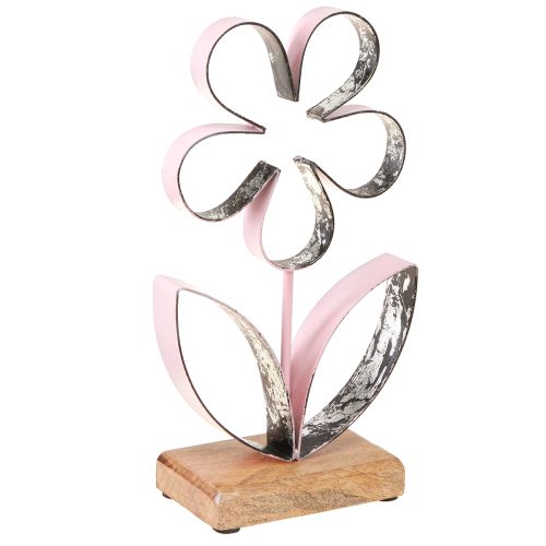 Floristik24 Metalinė gėlė ant medinio pagrindo Rožinė sidabrinė vintage H29cm
