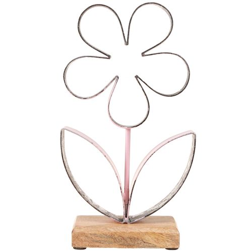 daiktų Metalinė gėlė ant medinio pagrindo Rožinė sidabrinė vintage H29cm