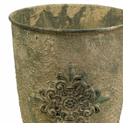 Floristik24 Dekoratyvinis metalinis puodelis su ornamentu samanų žalia, smėlio spalvos Ø16cm H31cm