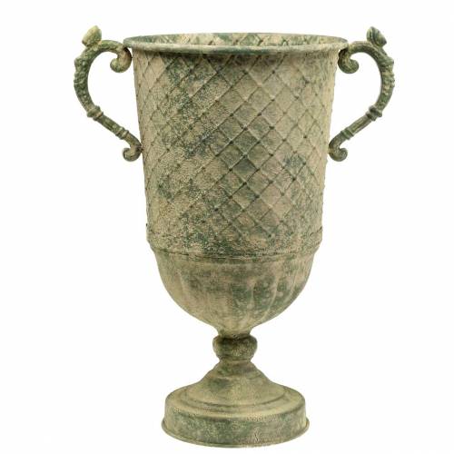 Floristik24 Dekoratyvinis puodelis su deimantiniu raštu, senovinės išvaizdos, metalinis, samanų žalias, Ø24,5cm H45cm