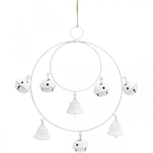 daiktų Žiedas su varpeliais, Advento puošmena, žiedo vainikas, metalinė dekoracija pakabinimui Balta A22,5cm P21,5cm