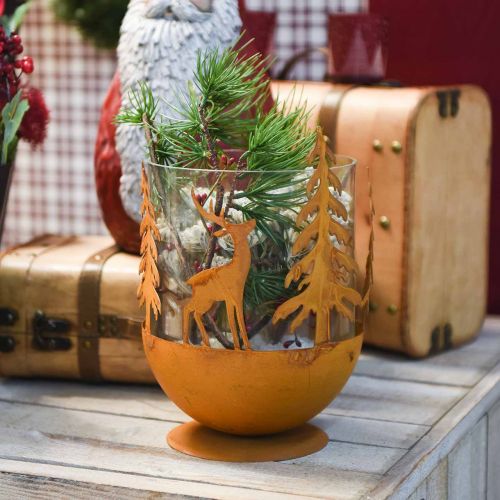Floristik24 Metalinis dubuo su elniu, miško puošmena Adventui, dekoratyvinis indas iš nerūdijančio plieno Ø25cm H29cm