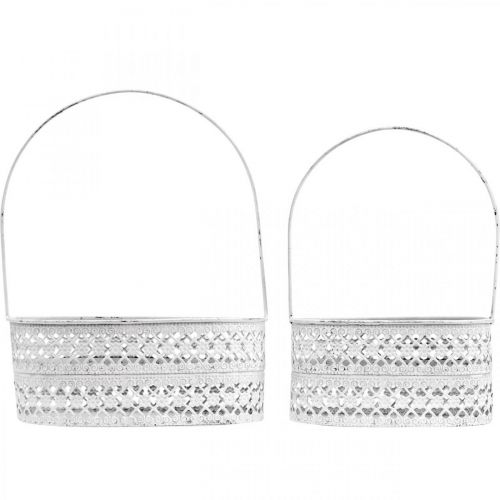 Floristik24 Metalinis krepšelis ovalus, dekoratyvinis indas sodinti baltas, sidabrinis vintažinis L17 / 22cm H25 / 28cm rinkinys iš 2