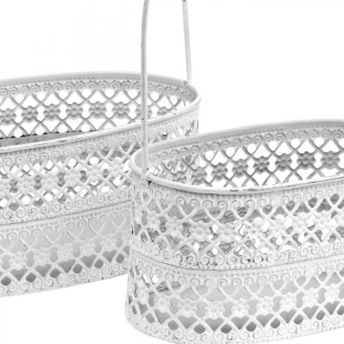Floristik24 Metalinis krepšelis ovalus, dekoratyvinis indas sodinti baltas, sidabrinis vintažinis L17 / 22cm H25 / 28cm rinkinys iš 2