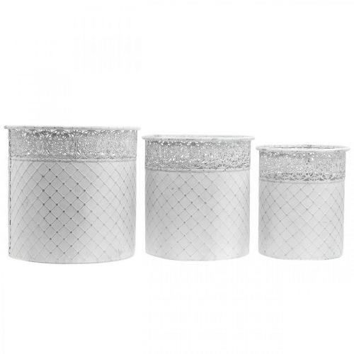 daiktų Vazonas su nėriniais, metalinis indas, dekoratyvinis kibiras baltas, sidabrinis shabby chic H28/25.5/23.5 cm Ø29.5/25.5/20 cm rinkinys iš 3 vnt.