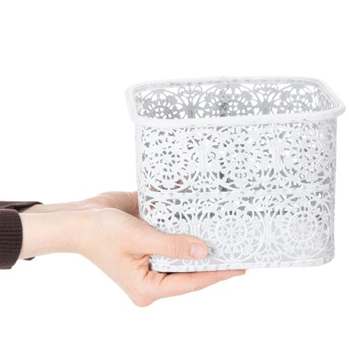 daiktų Metaliniai dubenėliai su nėrinių raštu, dekoratyvinis indas, kvadratinis, shabby chic stiliaus, balti, 27/23/19 cm, aukštis 13,5 cm, 3 vnt. rinkinys