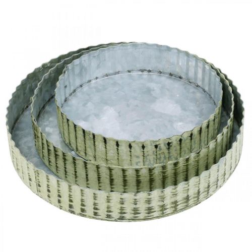 daiktų Metalinės lėkštės dekoravimui, stalo dekoravimui, žvakių padėklas apvalus sidabrinis, žalias shabby chic Ø14/16,5/19,5 cm H3,5 cm rinkinys 3 vnt.