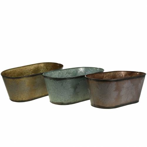 Floristik24 Dekoratyvinis augalų vazonas su lapais ovalus cinko metalo pilka, oranžinė, ruda 38 × 20cm H15cm 3vnt.