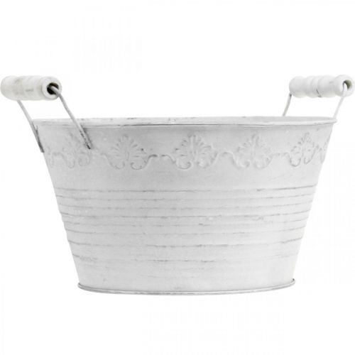Floristik24 Metalinis indas, dekoratyvinis dubuo su raštu, vazonas su medinėmis rankenomis baltas, sidabrinis Ø21,5cm A14,5cm P24,5cm