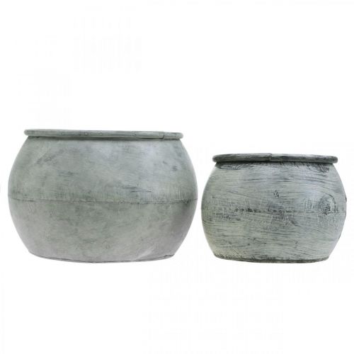 daiktų Apvalus metalinis vazonas, dekoratyvinis indas, augalinis dubuo sidabrinis, skalbtas baltas, senovinės išvaizdos Ø25,5 / 18cm H17 / 13cm, rinkinyje 2 vnt.