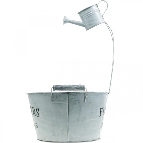 daiktų Sodinimo dubuo su laistytuvu, sodo puošmena, metalinė sodinamoji sėjamoji sidabrinė balta skalbta H41cm Ø28cm/Ø7cm