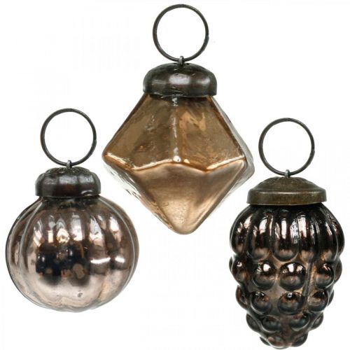 Floristik24 Mini kalėdiniai rutuliai, deimantas / rutuliukas / kūgis, stiklo pakabučiai mišrainė senovinė išvaizda Ø3–3,5 cm H4,5–5,5 cm 9vnt.