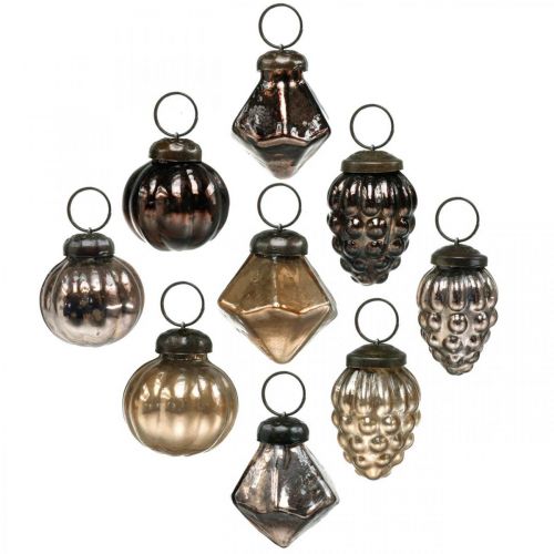 Floristik24 Mini kalėdiniai rutuliai, deimantas / rutuliukas / kūgis, stiklo pakabučiai mišrainė senovinė išvaizda Ø3–3,5 cm H4,5–5,5 cm 9vnt.