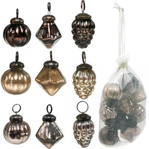 Floristik24 Mini kalėdiniai rutuliai, deimantas / rutuliukas / kūgis, stiklo pakabučiai mišrainė senovinė išvaizda Ø3–3,5 cm H4,5–5,5 cm 9vnt.