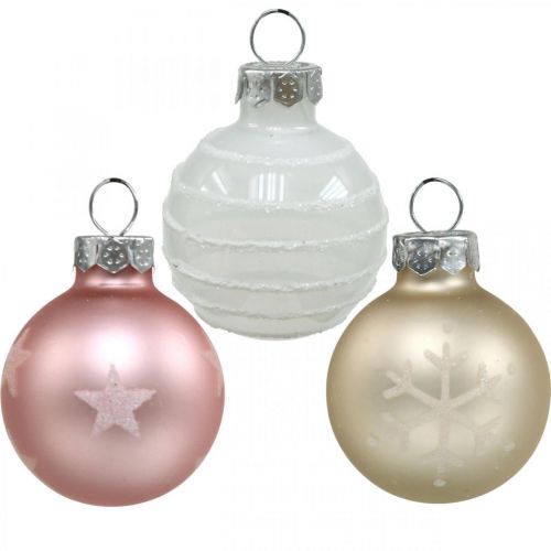 Mini kalėdiniai kamuoliukai kreminiai, rožiniai, balti tikro stiklo Ø3cm 9vnt