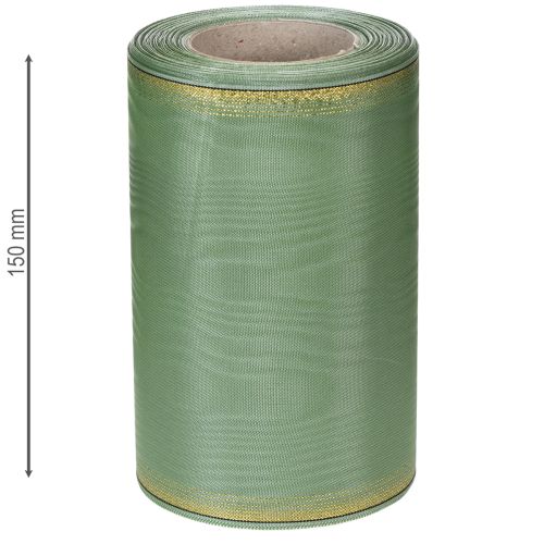 Muaro vainiko juostelė šalavijų žalios spalvos su auksiniu kraštu, 150 mm x 25 m, dekoratyvinė juostelė floristikai ir vainikams | Floristik24.lt