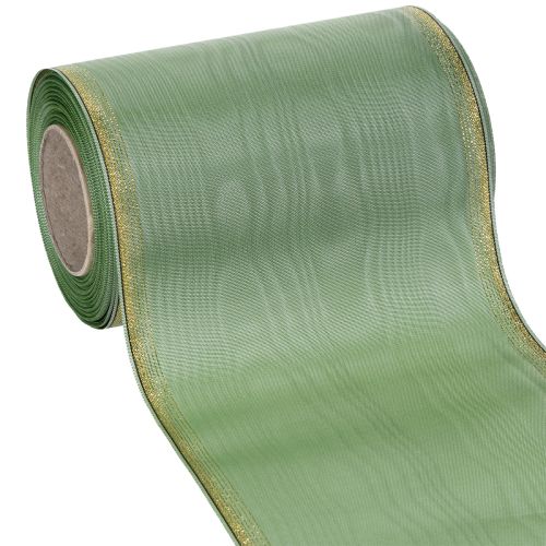 Muaro vainiko juostelė šalavijų žalios spalvos su auksiniu kraštu, 150 mm x 25 m, dekoratyvinė juostelė floristikai ir vainikams pirkti | Floristik24.lt